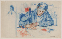 KT 1996 044
<br/>
Portret van Hans van Zijl, schrijvend aan een tafel & schetsje van een vrouwenkop
<br/>
<em>Kat, Otto Boudewijn de (1907 - 1995)</em>